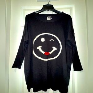 Angel WINK & SMILE EMOJI PULLOVER Black Sweater Smiley Face Size oversized XS